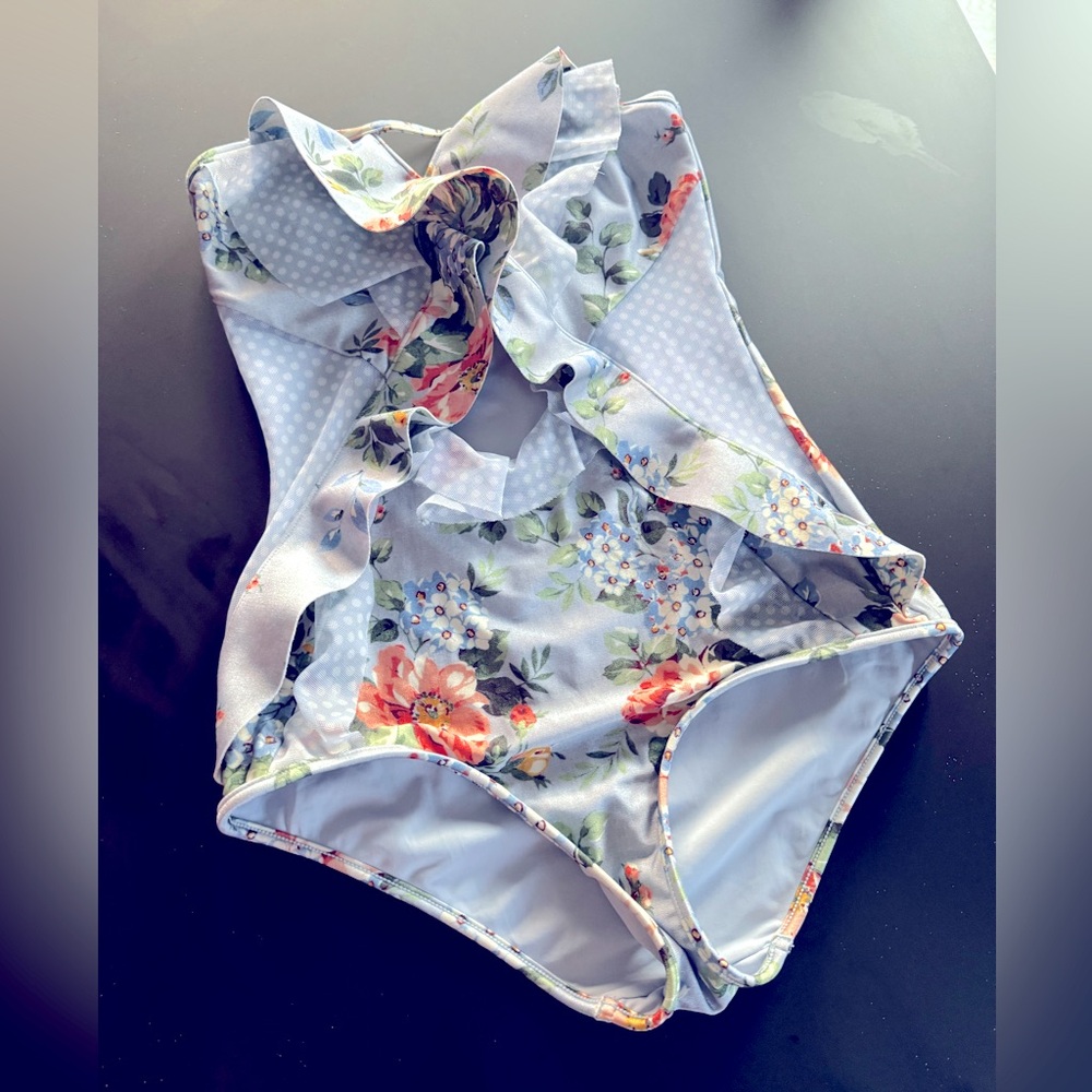 Zimmermann Light Blue Floral Ruffled One-Piece Swimsuit